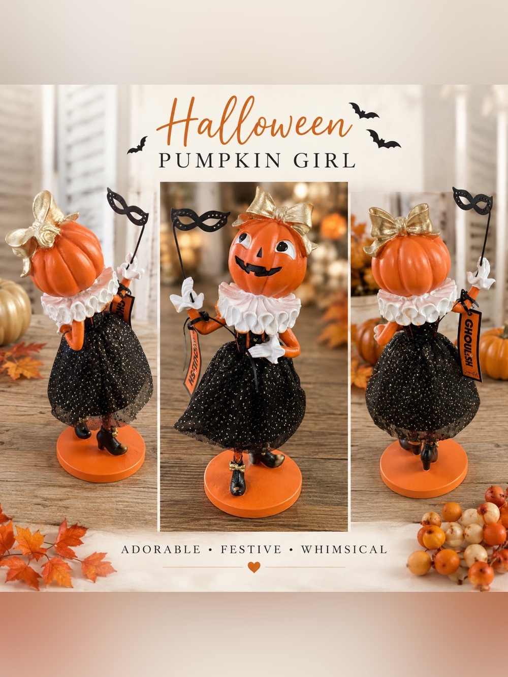 🎃 Pumpkin Girl Halloween Figurine – NWT by Ghoulish – 11.5” Tall